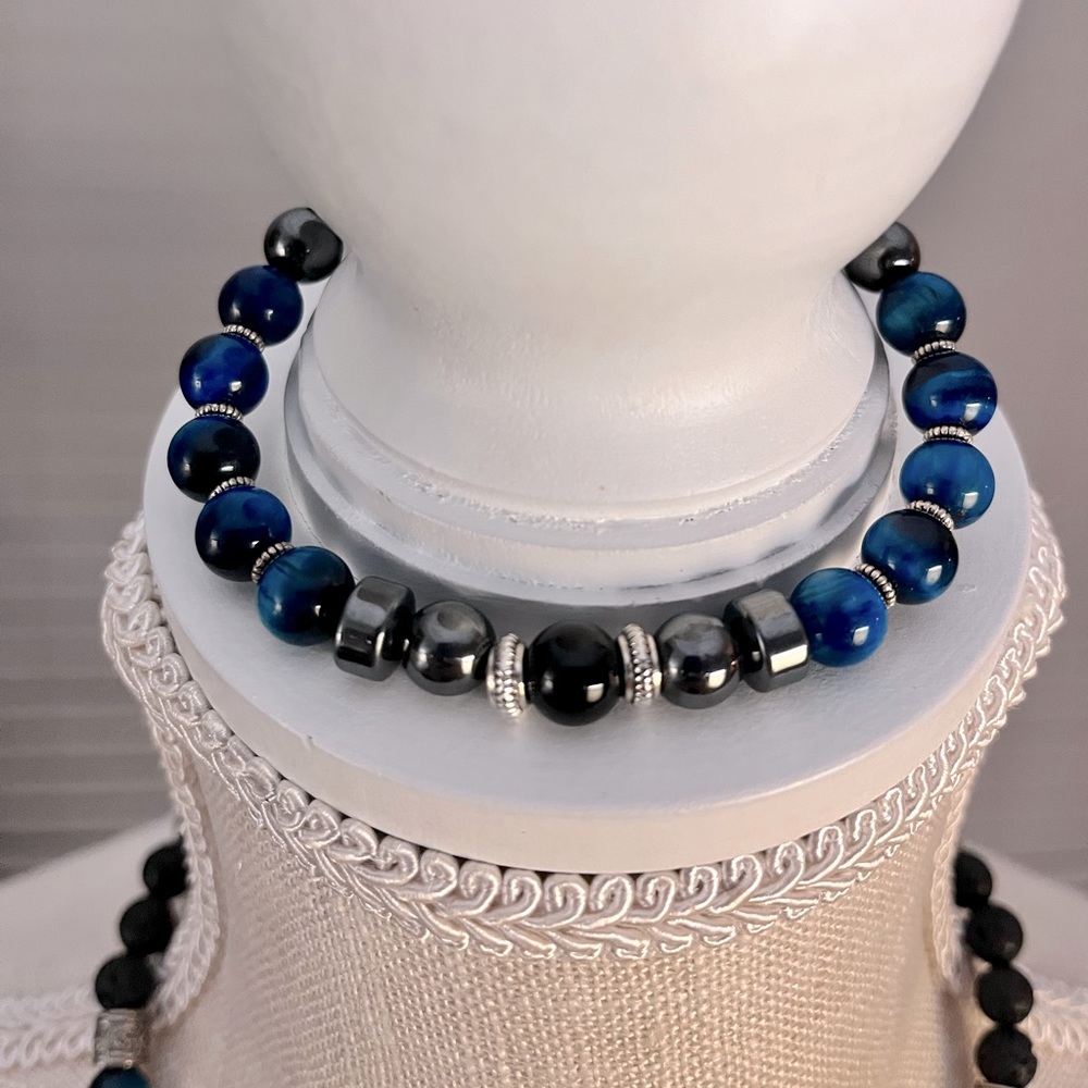 Natural Sapphire Tiger's Eye gemstone beaded bracelet/necklace set
